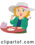 Vector of Cartoon Senior White Lady Smiling and Drinking Tea by BNP Design Studio