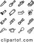 Vector of Collection of Black and White Nail, Shovel, Saw, Clasp, Razor, Rake, Wrench, Drill, Oil Can, Screwdriver and Pliers Tools Icons on a White Background by AtStockIllustration