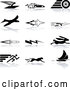 Vector of Flying Envelope, Race Car, Tire, Bird, Jet, Super Hero, Rocket, Lightning Bolt, Hare, Sprinter, Cheetah, and Sail Boat, over a White Background by AtStockIllustration