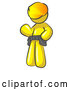 Vector of Friendly Yellow Construction Worker or Handyman Wearing a Hardhat and Tool Belt and Waving by Leo Blanchette