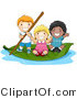 Vector of Group of 3 Happy Kids Floating on a Leaf Boat in a Small Pool of Water by BNP Design Studio