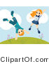 Vector of Happy Boy and Girl Jumping Around and Doing Cartwheels on a Hill by BNP Design Studio