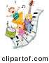 Vector of Happy Cartoon Children Playing on Piano Keys with Music Notes and Instruments by BNP Design Studio