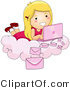 Vector of Happy Cartoon Girl Laying on a Cloud While Sending Email with Pink Laptop Computer by BNP Design Studio