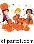 Vector of Happy Cartoon Kids Playing with Pumpkins with Autumn Leafs by BNP Design Studio