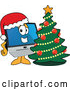 Vector of Happy Cartoon PC Computer Mascot Wearing a Santa Hat by a Christmas Tree by Mascot Junction