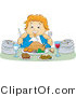 Vector of Happy Overweight Girl Feasting on a Turkey Meal, with Plates at Her Sides by BNP Design Studio