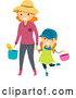 Vector of Happy Red Haired White Mother Holding Hands and Carrying Gardening Tools with Her Daughter by BNP Design Studio