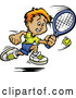 Vector of Happy Sporty White Boy Swinging at a Tennis Ball by Chromaco
