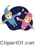 Vector of Happy Young Boy and Girl Flying Against a Starry Night Sky by BNP Design Studio