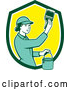 Vector of House Painter Girl Using a Brush in a Green White and Yellow Shield by Patrimonio