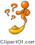 Vector of Orange Genie Guy Emerging from a Golden Lamp with Question Marks by Leo Blanchette