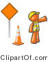 Vector of Orange Guy Construction Worker Wearing a Vest and Hardhat, Pointing While Standing by a Cone and Sign at a Road Work Site by Leo Blanchette