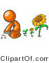 Vector of Orange Guy Kneeling by Growing Sunflowers to Plant Seeds in a Dirt Hole in a Garden by Leo Blanchette