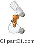 Vector of Orange Guy Sitting on an Old Light Bulb and Holding up a New, Energy Efficient Bulb by Leo Blanchette