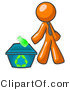 Vector of Orange Guy Tossing a Plastic Container into a Recycle Bin, Symbolizing Someone Doing Their Part to Help the Environment and to Be Earth Friendly by Leo Blanchette