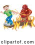 Vector of Plank Above the Fires of Hell, a Devil Holding a Pitchfork Behind Him by AtStockIllustration