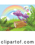Vector of Rainbow over Mushrooms Ferns and a Log in a Fantasy Forest by Pushkin