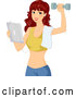 Vector of Red Haired White Lady Holding a Tablet Computer and Working out with a Dumbbell by BNP Design Studio