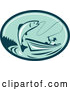 Vector of Retro Fly Fisherman Reeling in a Trout or Salmon Fish from a Boat in a Teal and Green Oval by Patrimonio