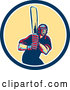 Vector of Retro Male Cricket Batsman in a Blue and Yellow Circle by Patrimonio
