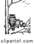 Vector of Retro Vintage Black and White Family of Owls in a Tree by Prawny Vintage