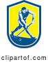 Vector of Retro Woodcut Male Field Hokey Player in a Blue White and Yellow Shield by Patrimonio