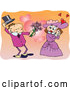 Vector of Romantic Victorian Couple in Love, the Guy Taking off His Hand and Giving Flowers to the Lady, over a Heart Background by Gnurf