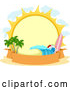Vector of Round Summer Sun with a Surfboard, Beach Ball, Wave, and Palm Trees over a Banner by BNP Design Studio