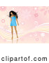 Vector of Sexy Young Black Haired Lady in a Short Blue Dress, Looking over Her Shoulder and Standing over a Pink Floral Background with Waves by KJ Pargeter