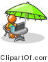 Vector of Traveling Orange Business Guy Sitting Under an Umbrella at a Table Using a Laptop Computer by Leo Blanchette