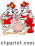 Vector of Two Hungry Cartoon Fire Fighter Dalmatian Dogs Pouring Hot BBQ Sauce over a Worried Pig by LaffToon