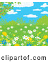 Vector of Wild Daisies and Dandelion Flowers in Spring Growth Under a Blue Cloudy Sky by Alex Bannykh