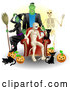 Vector of Witch, Frankenstein, Skeleton, Mummy, Black Cats and Pumpkins at a Halloween Party by AtStockIllustration