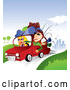 Vector of Young Couple with Camping Gear on Top of Their Car, Taking a Summer Vacation Away from the City by TA Images