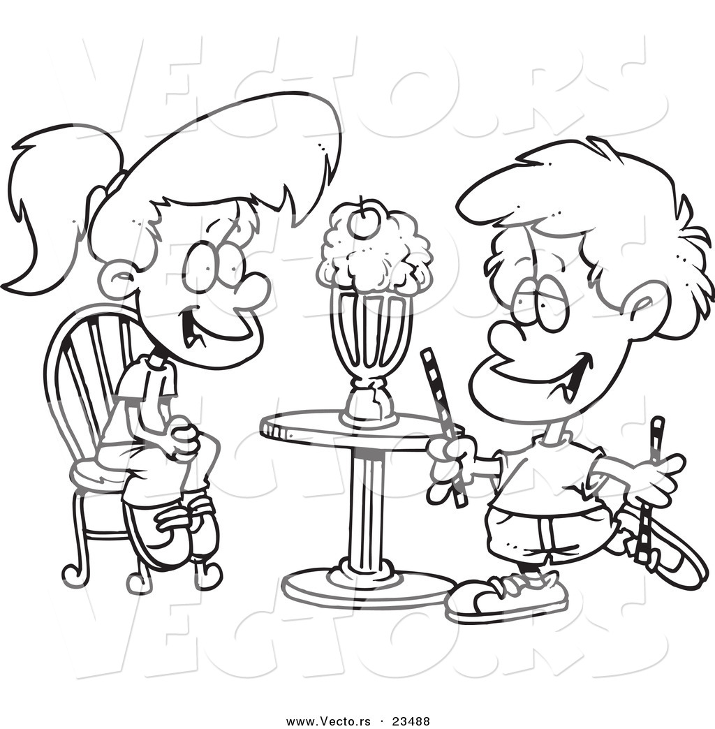 Cartoon Vector of Cartoon Boy and Girl Sharing a Milkshake Coloring Page Outline