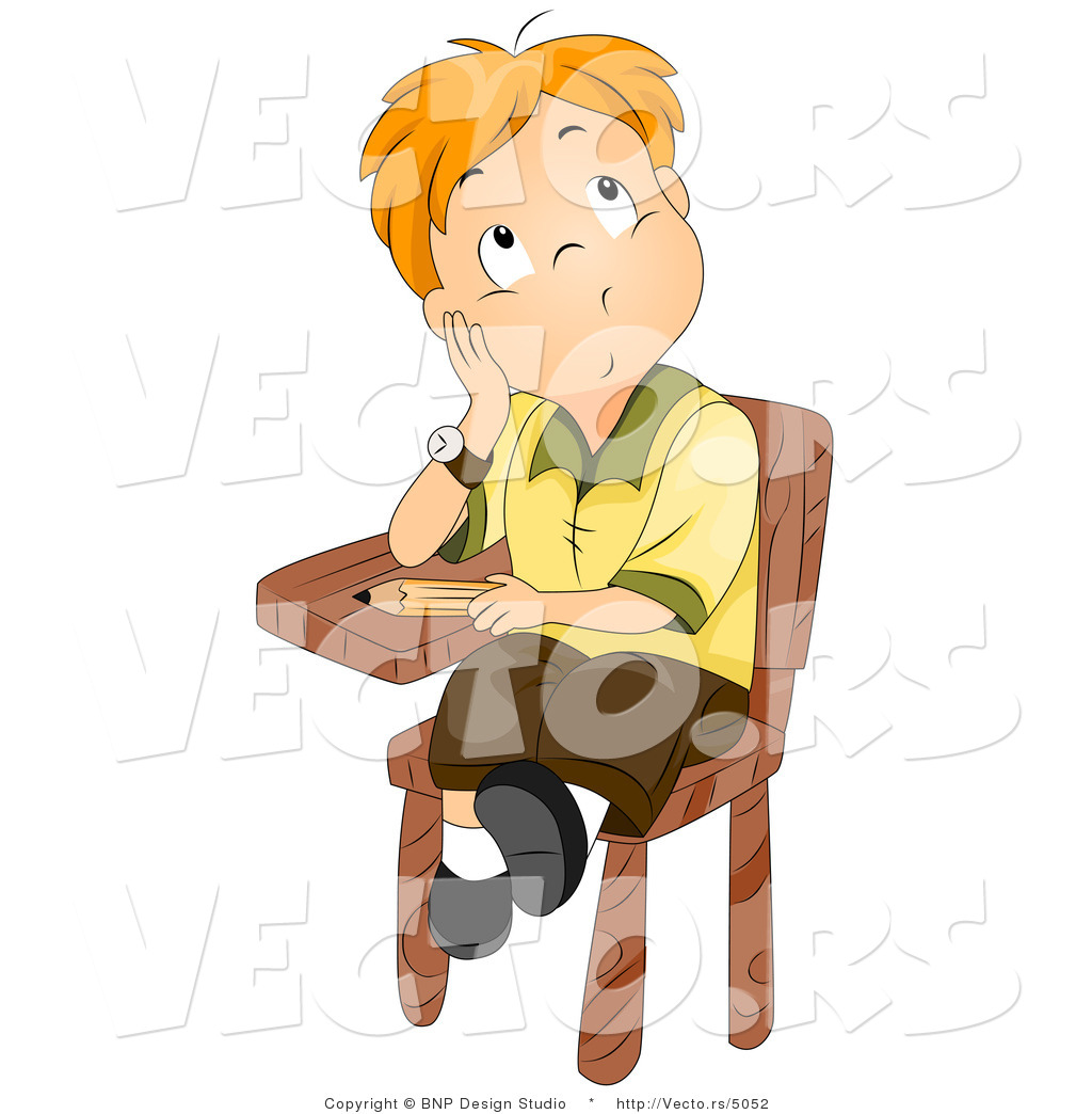 Cartoon Vector Of School Boy Sitting At His Desk While Thinking By