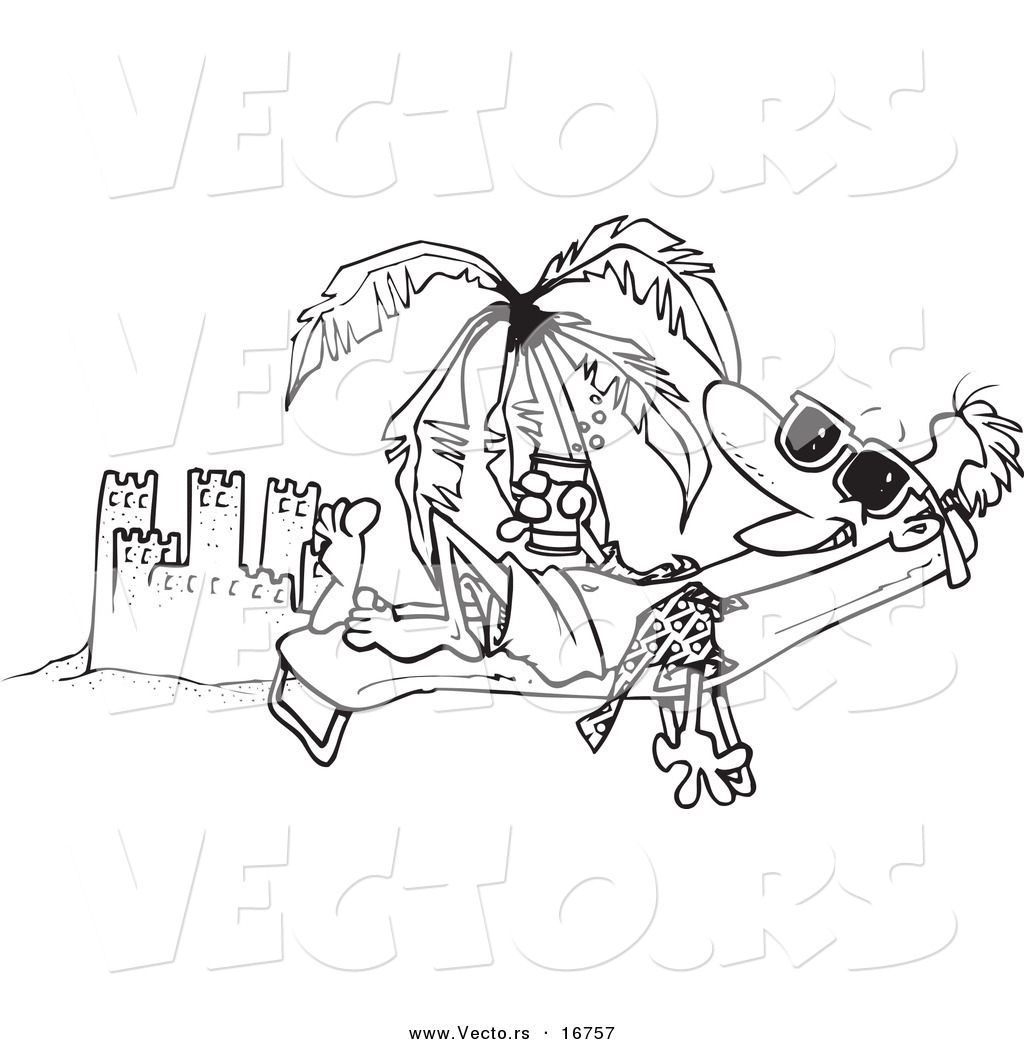 Vector of a Cartoon Beach Bum Man Tanning by a Sand Castle Coloring Page Outline