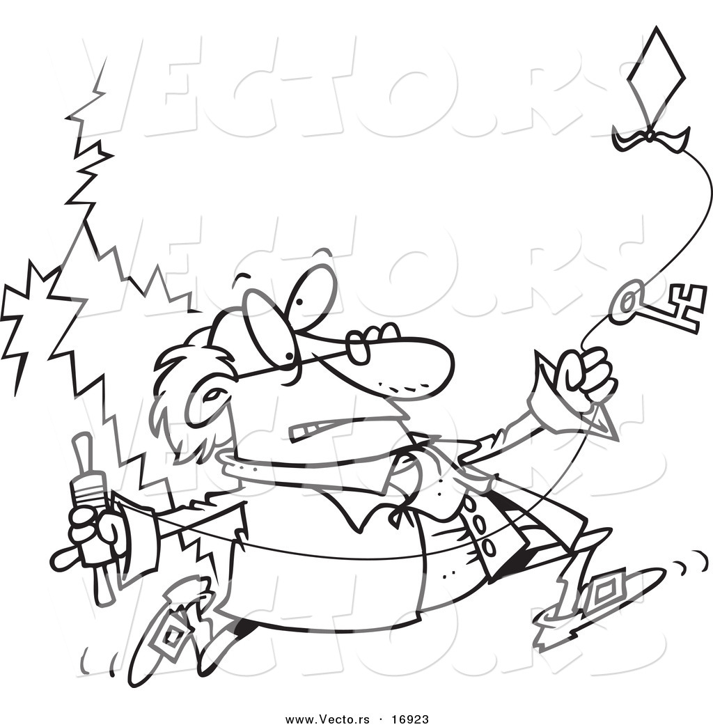 Vector of a Cartoon Black and White Outline Design of Ben Franklin Running with a Kite