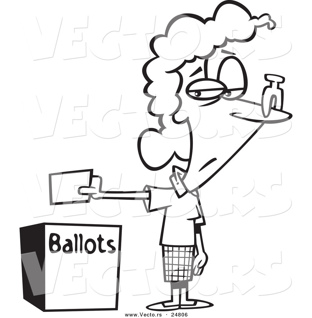 Vector of a Cartoon Black and White Outline Female Voter with a Nose Plug Putting Her
