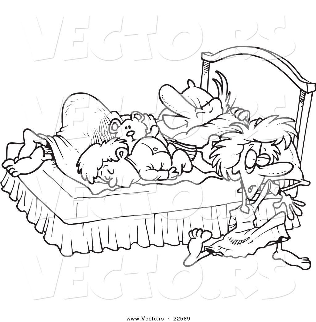 Vector of a Cartoon Boy and Father Kicking a Mother out of Their Bed Coloring