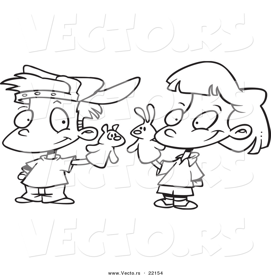 Download Vector of a Cartoon Boy and Girl Playing with Puppets - Outlined Coloring Page by toonaday - #22154