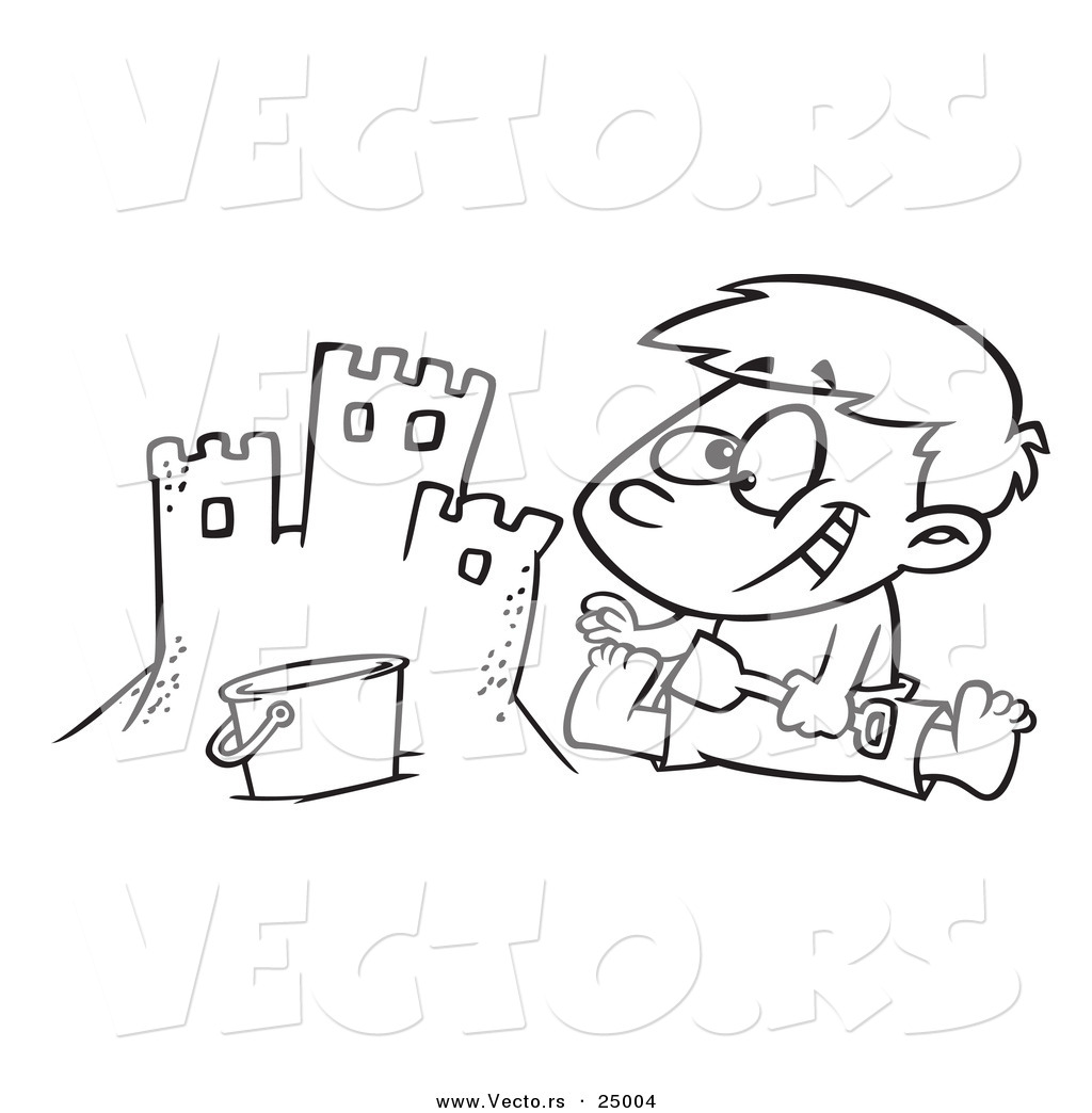 Vector of a Cartoon Boy Making a Sand Castle on a Beach Outlined Coloring Page