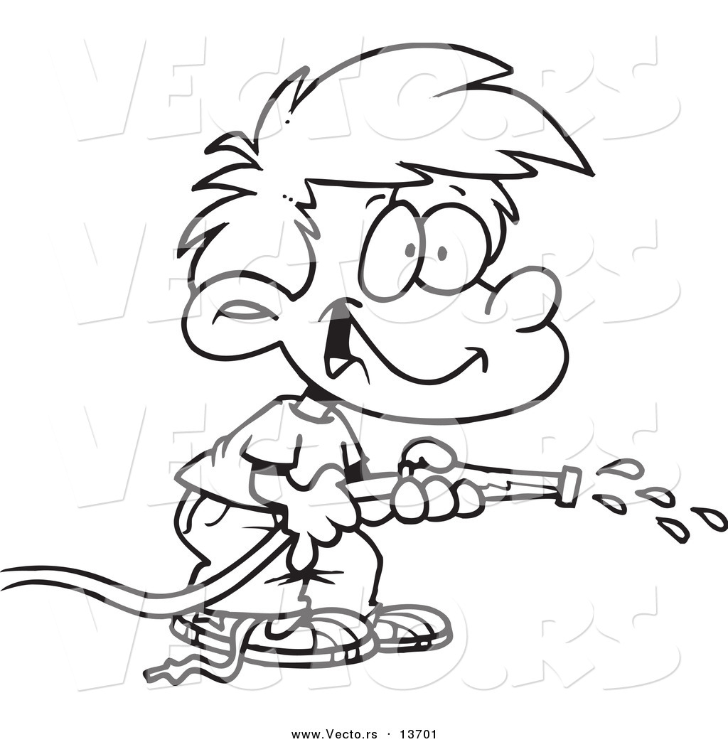 Vector of a Cartoon Boy Using a Garden Hose to Water - Coloring Page