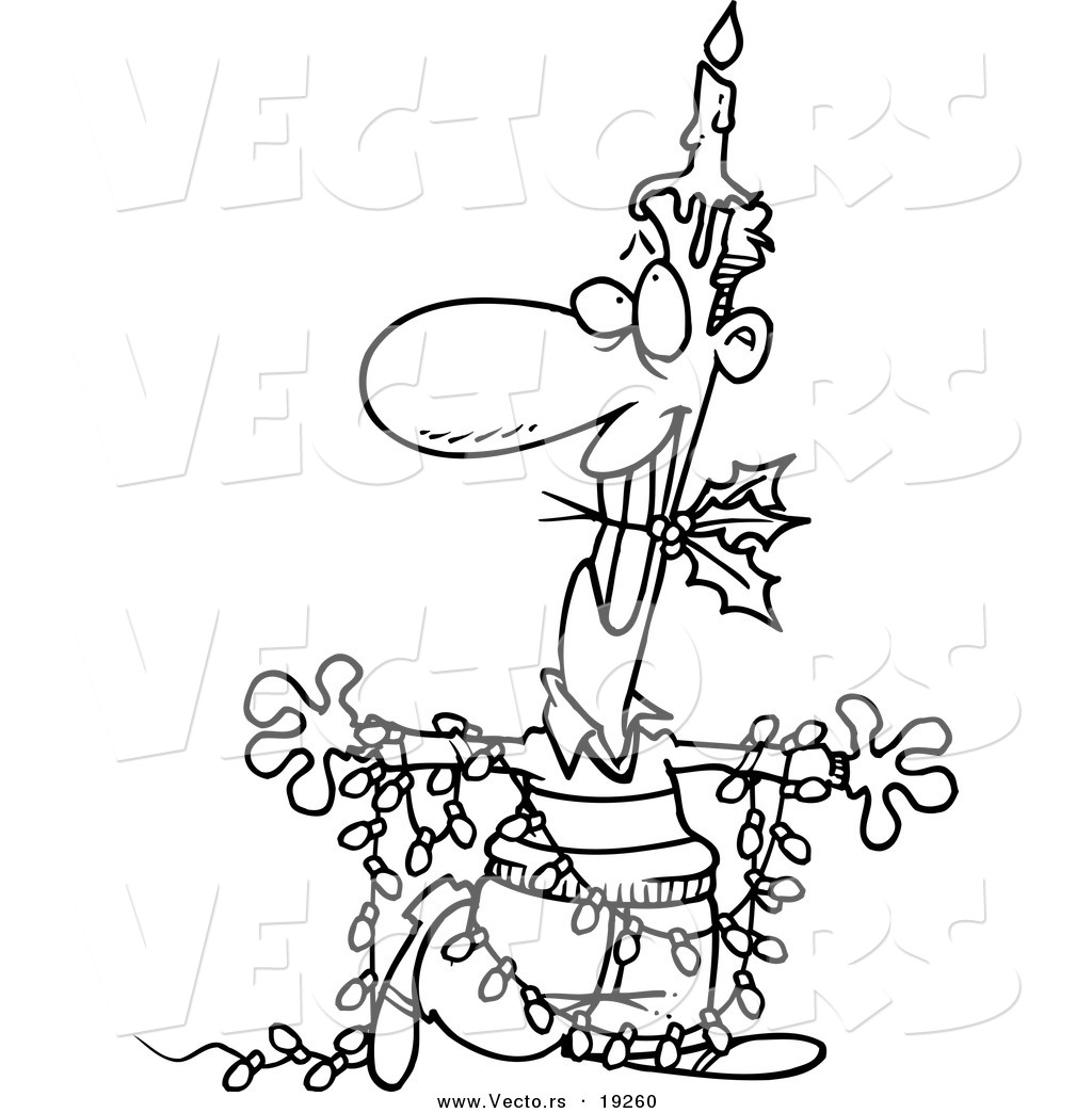 Vector Of A Cartoon Christmas Man In Lights With A Candle And Holly Outlined Coloring Page By Toonaday 19260