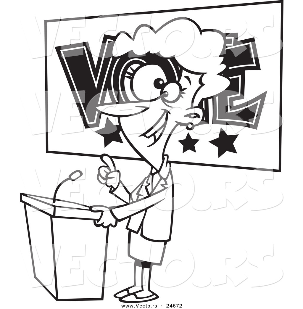 Vector of a Cartoon Female Politician Giving a Speech Before an Election Outlined Coloring Page