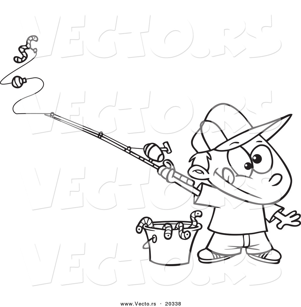 Vector of a Cartoon Fishing Boy with a Bucket of Worms - Coloring Page  Outline by toonaday - #20338