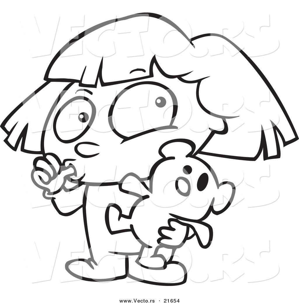 Vector of a Cartoon Girl Sucking Her Thumb and Holding a Teddy Bear Outlined Coloring
