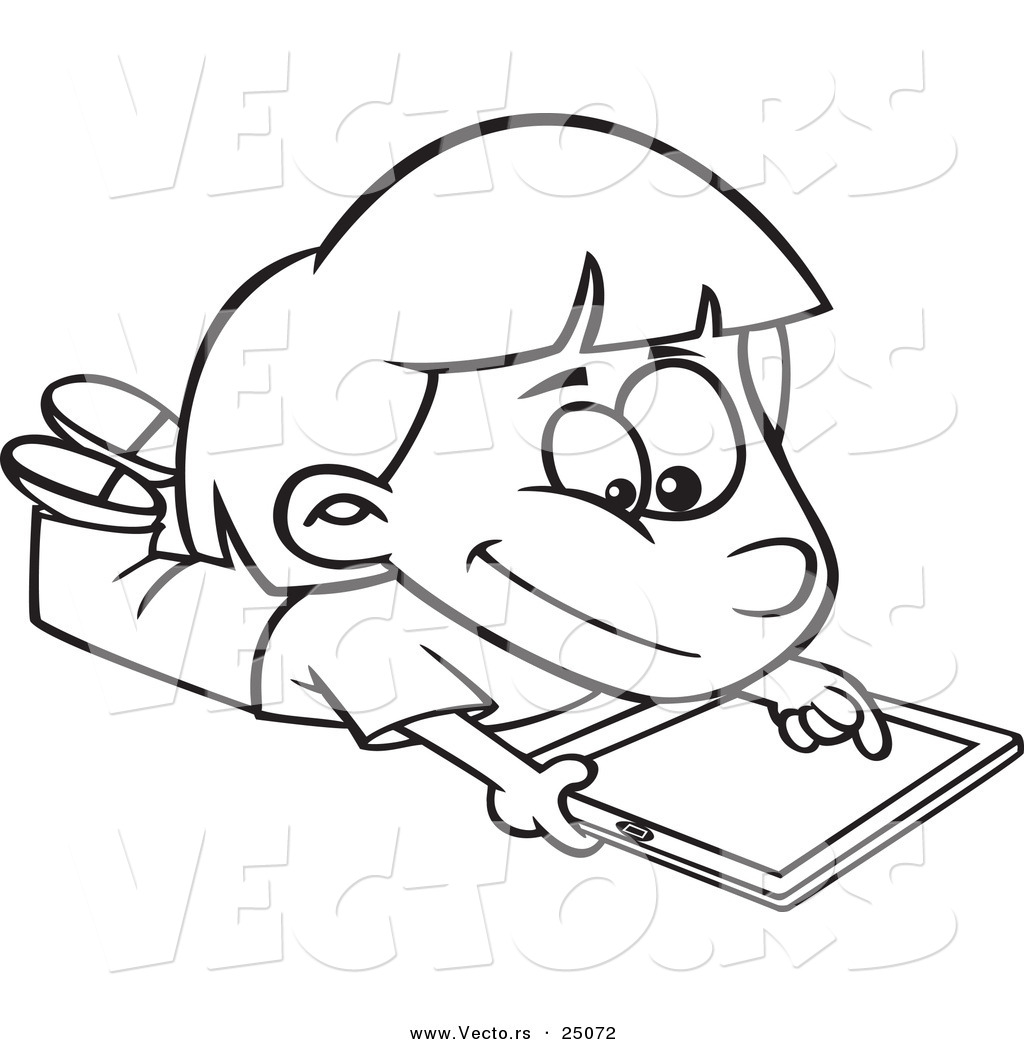 Vector of a Cartoon Girl Using an IPad Tablet Computer   Outlined ...