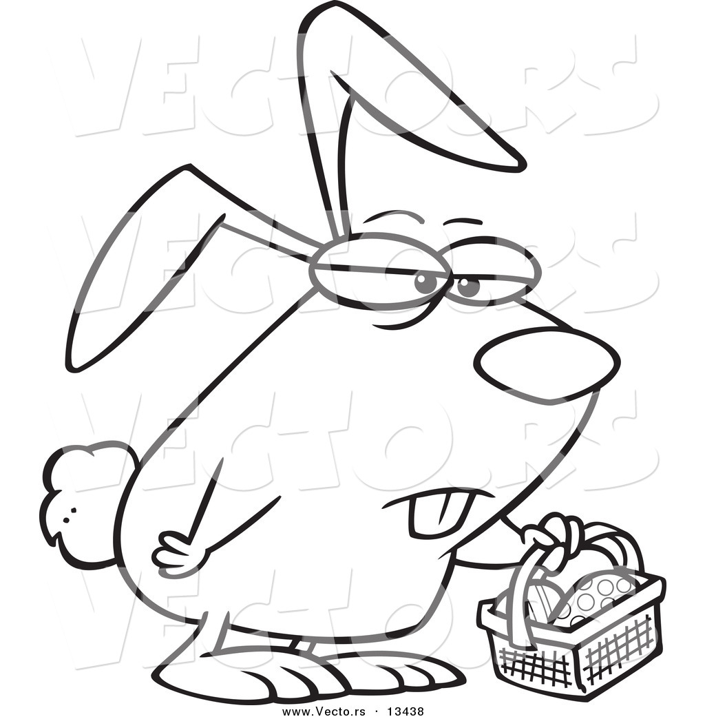 Vector of a Cartoon Grumpy Easter Bunny with a Basket Coloring Page Outline